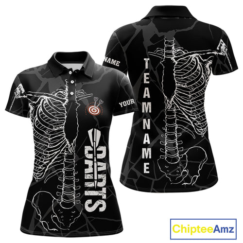 White Skeleton Custom Black Grunge Darts Polo & 1/4 Zip, Funny Dart Shirts For Women Dart Jerseys TDM3746