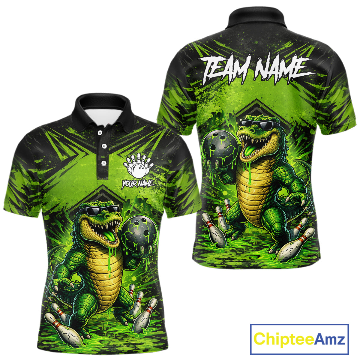 Black And Green Funny Alligator Bowling Shirt For Men Custom Bowling Jersey Team Polo & 1/4 Zip TDM6109