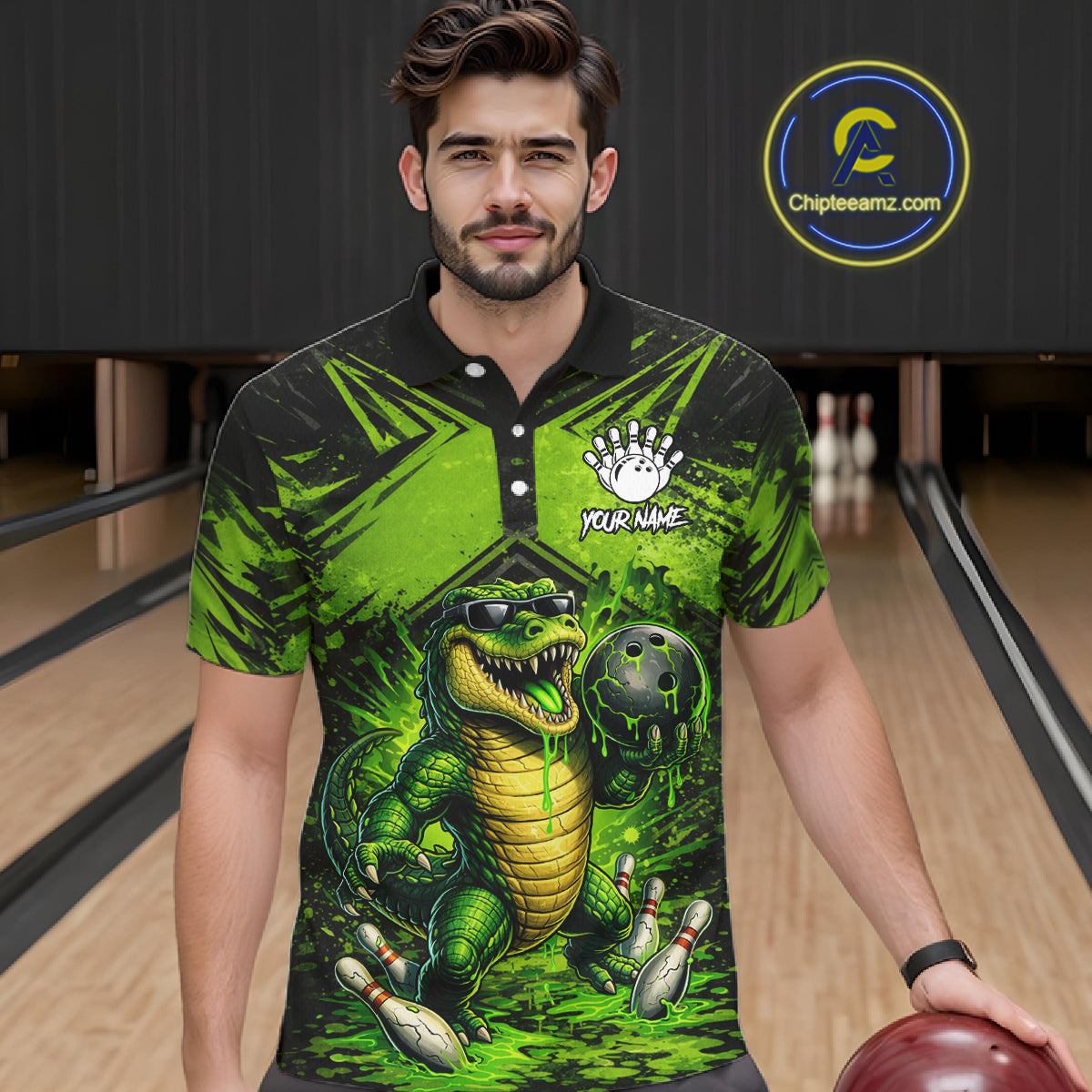 Black And Green Funny Alligator Bowling Shirt For Men Custom Bowling Jersey Team Polo & 1/4 Zip TDM6109