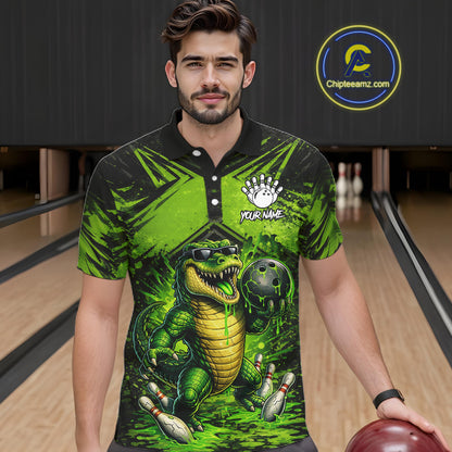 Black And Green Funny Alligator Bowling Shirt For Men Custom Bowling Jersey Team Polo & 1/4 Zip TDM6109
