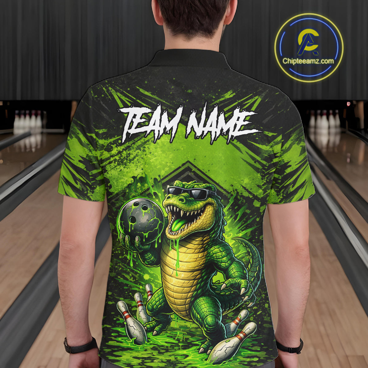 Black And Green Funny Alligator Bowling Shirt For Men Custom Bowling Jersey Team Polo & 1/4 Zip TDM6109
