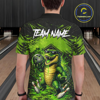 Black And Green Funny Alligator Bowling Shirt For Men Custom Bowling Jersey Team Polo & 1/4 Zip TDM6109