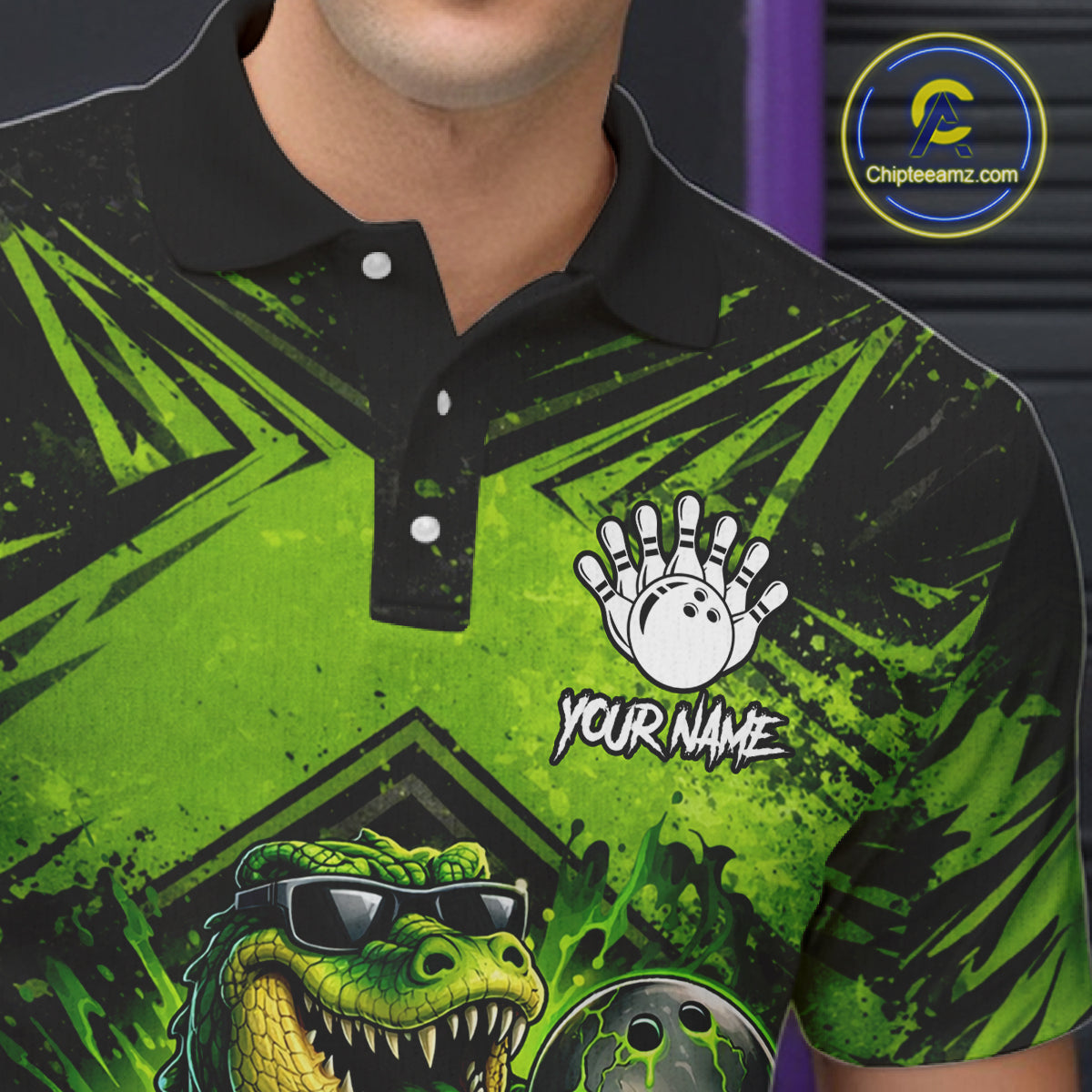Black And Green Funny Alligator Bowling Shirt For Men Custom Bowling Jersey Team Polo & 1/4 Zip TDM6109