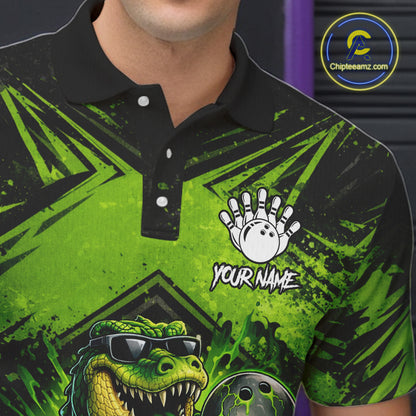 Black And Green Funny Alligator Bowling Shirt For Men Custom Bowling Jersey Team Polo & 1/4 Zip TDM6109