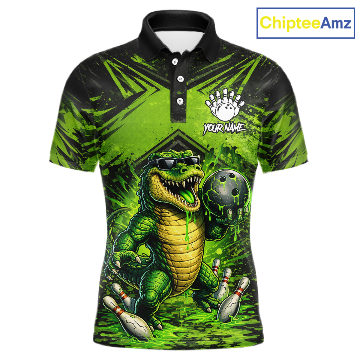 Black And Green Funny Alligator Bowling Shirt For Men Custom Bowling Jersey Team Polo & 1/4 Zip TDM6109