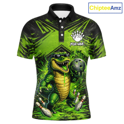 Black And Green Funny Alligator Bowling Shirt For Men Custom Bowling Jersey Team Polo & 1/4 Zip TDM6109