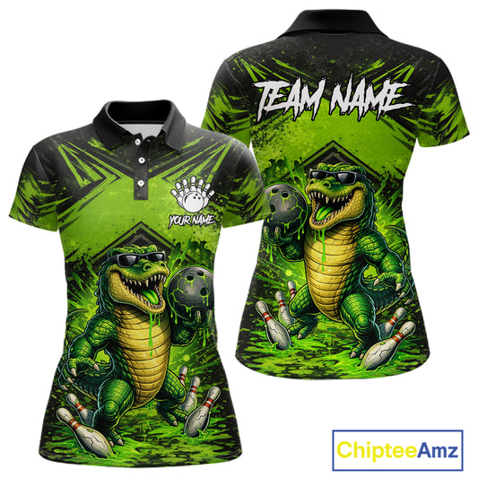 Black And Green Funny Alligator Bowling Shirt For Women Custom Bowling Jersey Team Polo & 1/4 Zip TDM6109