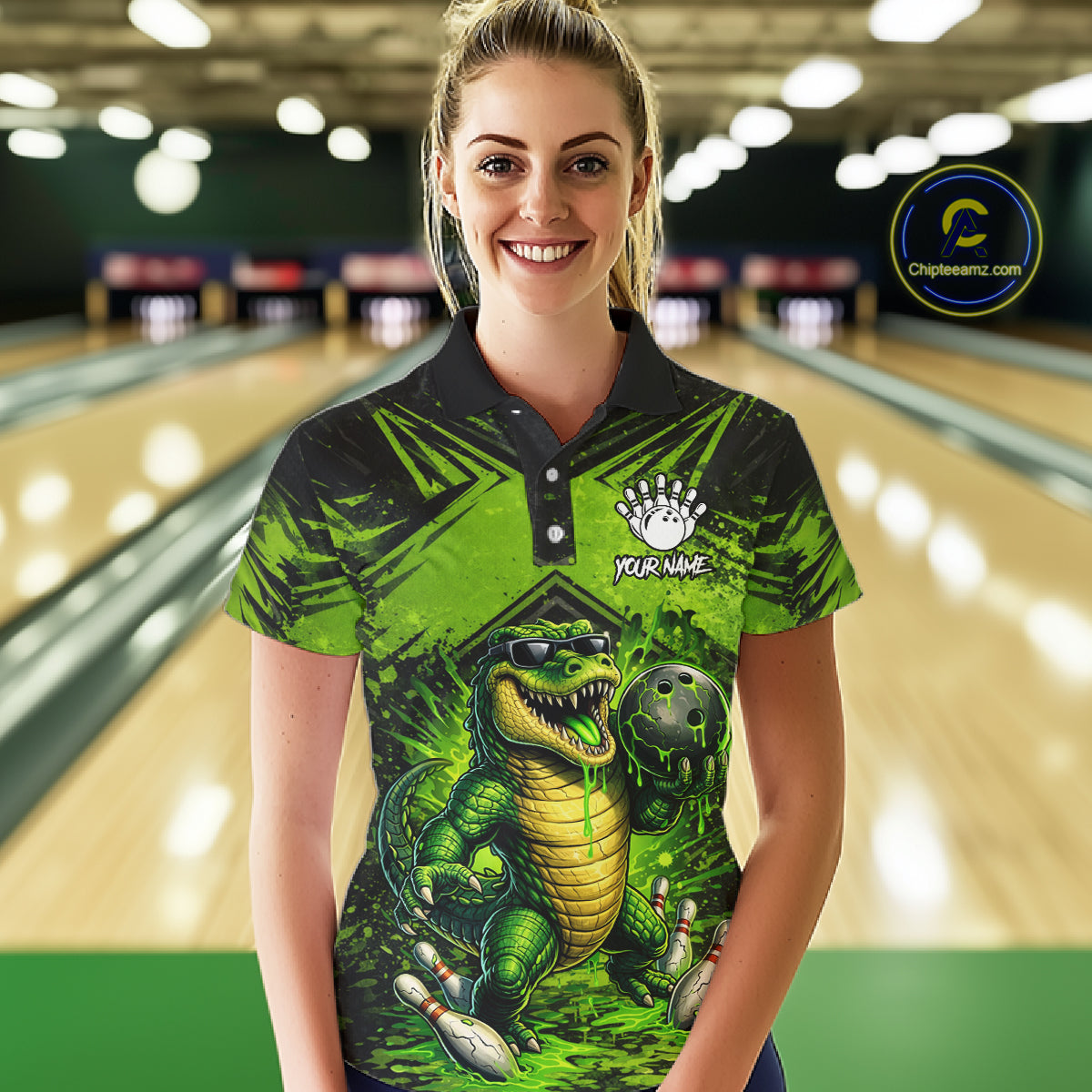 Black And Green Funny Alligator Bowling Shirt For Women Custom Bowling Jersey Team Polo & 1/4 Zip TDM6109
