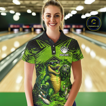 Black And Green Funny Alligator Bowling Shirt For Women Custom Bowling Jersey Team Polo & 1/4 Zip TDM6109