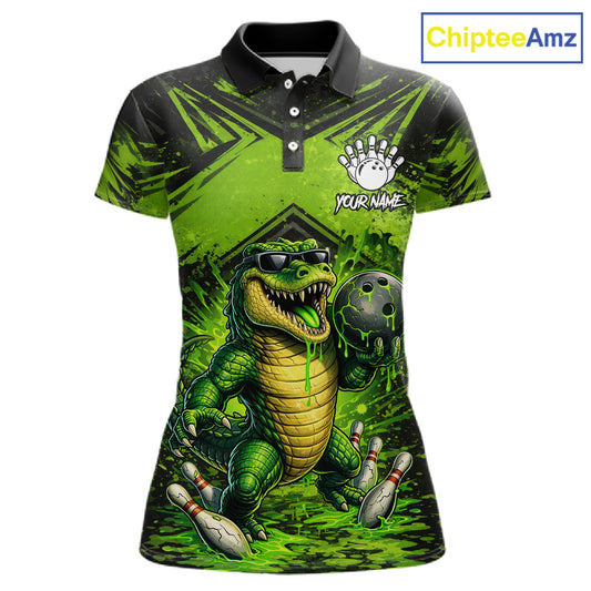 Black And Green Funny Alligator Bowling Shirt For Women Custom Bowling Jersey Team Polo & 1/4 Zip TDM6109