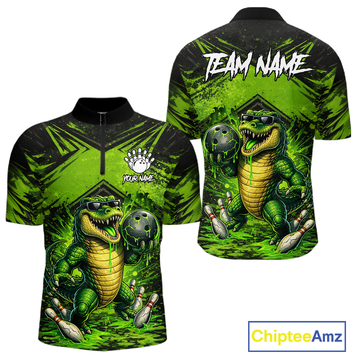 Black And Green Funny Alligator Bowling Shirt For Men Custom Bowling Jersey Team Polo & 1/4 Zip TDM6109
