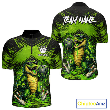 Black And Green Funny Alligator Bowling Shirt For Men Custom Bowling Jersey Team Polo & 1/4 Zip TDM6109