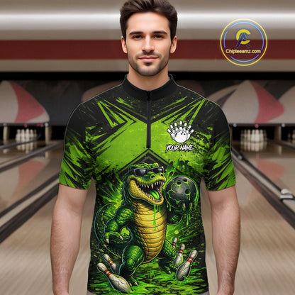 Black And Green Funny Alligator Bowling Shirt For Men Custom Bowling Jersey Team Polo & 1/4 Zip TDM6109