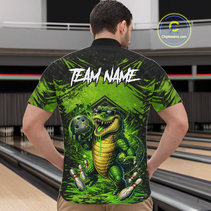 Black And Green Funny Alligator Bowling Shirt For Men Custom Bowling Jersey Team Polo & 1/4 Zip TDM6109