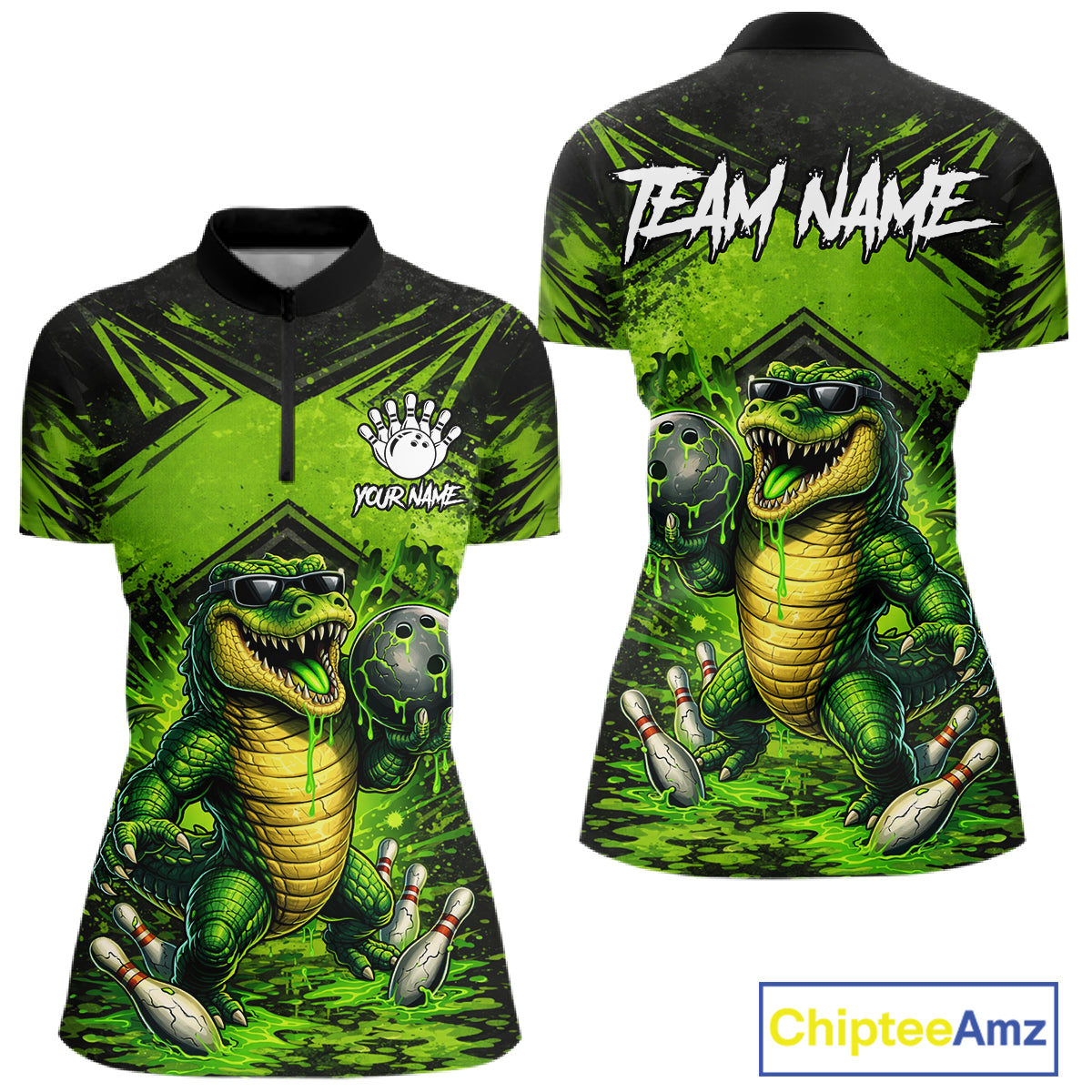 Black And Green Funny Alligator Bowling Shirt For Women Custom Bowling Jersey Team Polo & 1/4 Zip TDM6109