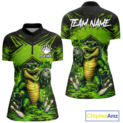 Black And Green Funny Alligator Bowling Shirt For Women Custom Bowling Jersey Team Polo & 1/4 Zip TDM6109
