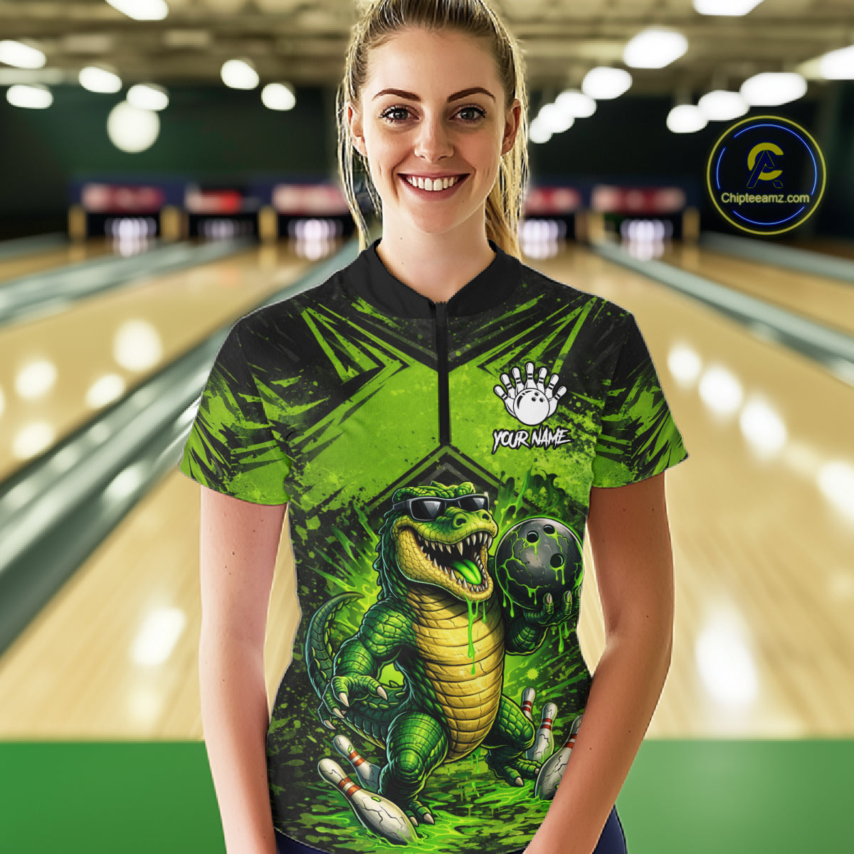 Black And Green Funny Alligator Bowling Shirt For Women Custom Bowling Jersey Team Polo & 1/4 Zip TDM6109