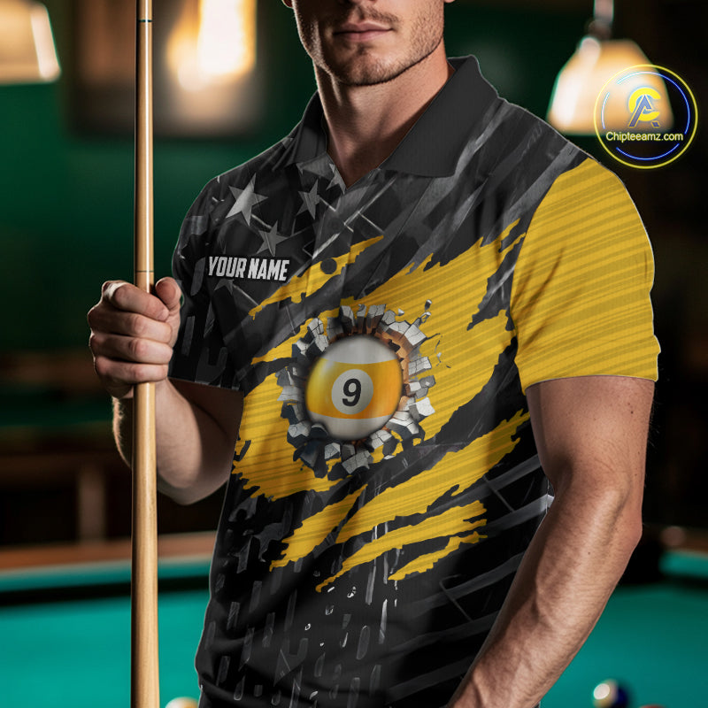 Yellow Black American Flag 9 Ball Pool Men's Billiard Shirt Custom Billiard Jersey Polo, 1/4 Zip TDM6534