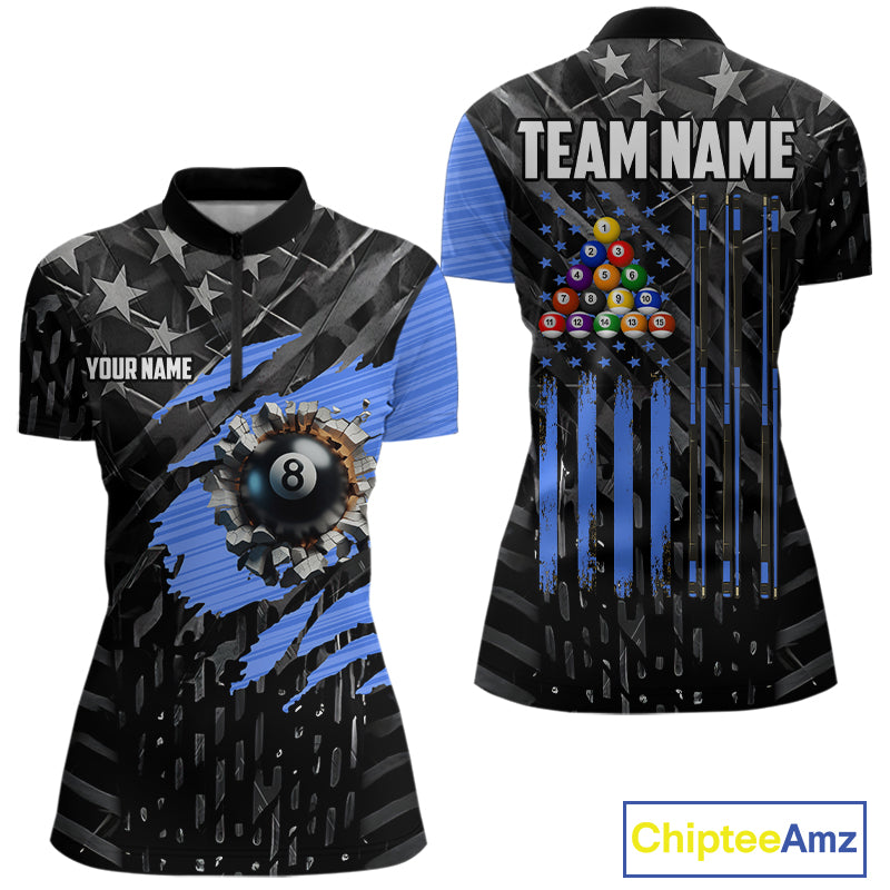 Black American Flag 8 Ball Billiard Shirt For Women Custom Billiard Team Jersey Polo & 1/4 Zip |Blue TDM6536