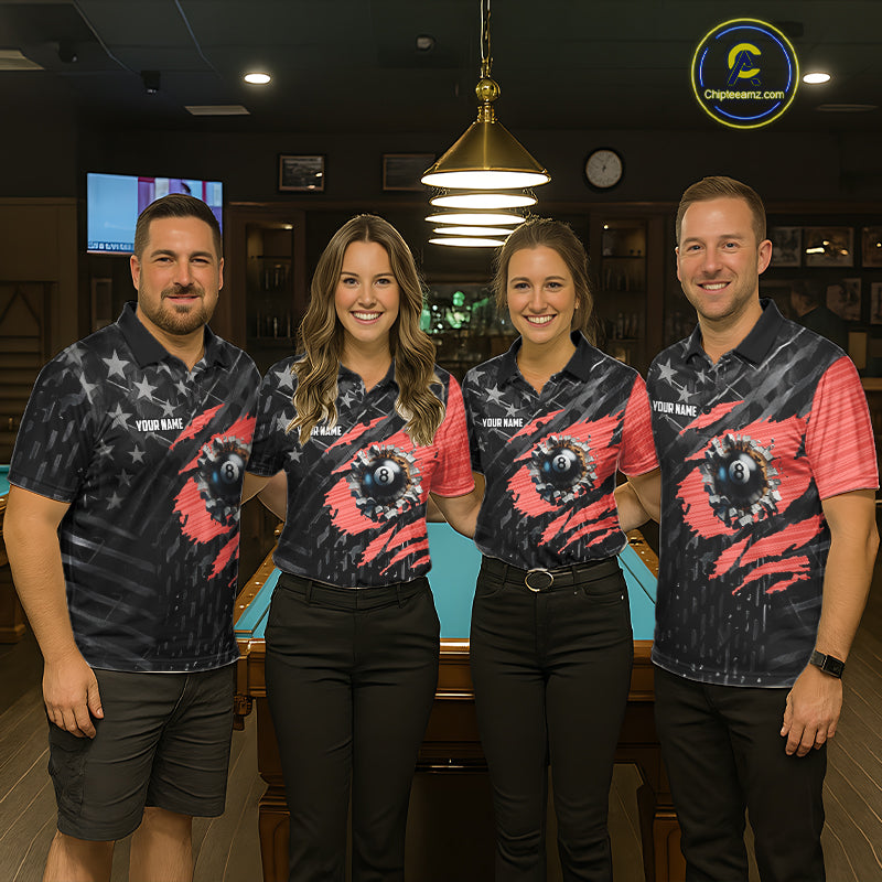 Black American Flag 8 Ball Billiard Shirt For Women Custom Billiard Team Jersey Polo & 1/4 Zip |Red TDM6537