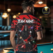 Load image into Gallery viewer, Back view of man wearing a red grim reaper lightning 8 ball pool shirt in a billiards hall.