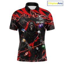 Load image into Gallery viewer, Red grim reaper lightning 8 ball billiard polo shirt for men with custom pool team graphics.