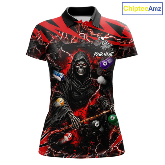 Red grim reaper lightning 8 ball billiard polo shirt for women with custom pool team graphics.