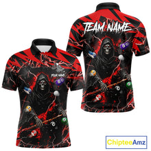 Load image into Gallery viewer, Red grim reaper lightning 8 ball billiard polo shirt for men with custom pool team graphics.