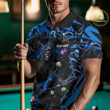 Load image into Gallery viewer, Man wearing a blue grim reaper lightning 8 ball billiard jersey beside a pool table front view.