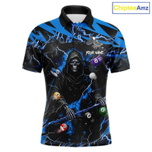 Load image into Gallery viewer, Blue grim reaper lightning 8 ball billiard polo shirt for men with custom pool team graphics.