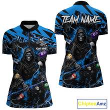 Load image into Gallery viewer, Blue grim reaper lightning 8 ball billiard quarter zip shirt for women designed for league tournaments and team events.
