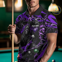 Load image into Gallery viewer, Man wearing a purple grim reaper lightning 8 ball billiard jersey beside a pool table front view.