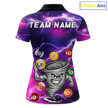 Load image into Gallery viewer, Purple 8 ball and 9 ball tornado billiard polo shirt for women with custom pool team graphics.