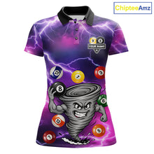 Load image into Gallery viewer, Purple 8 ball and 9 ball tornado billiard polo shirt for women with custom pool team graphics.