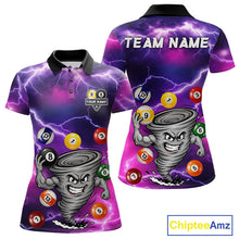 Load image into Gallery viewer, Purple 8 ball and 9 ball tornado billiard polo shirt for women with custom pool team graphics.