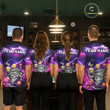 Load image into Gallery viewer, Back view of pool players wearing matching purple tornado billiard shirts in a game room.