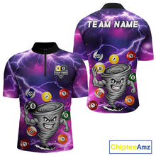 Load image into Gallery viewer, Purple 8 ball and 9 ball tornado billiard quarter zip shirt for men designed for league tournaments and team events.