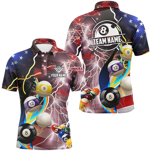 Personalized Billiard Balls American Flag Lightning Men Billiard Shirts, Patriotic Billiard Jerseys TDM2043
