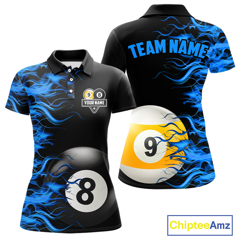 Blue Flaming 8 Ball & 9 Ball Billiard Shirt For Women Custom Pool Team Jersey Polo & 1/4 Zip TDM4377