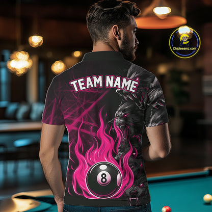 Back View of a Man Wearing Personalized Pink Wolf Flaming 8 Ball Pool Fire Billiard Shirt