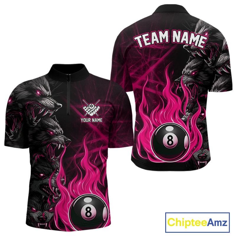 Personalized Pink Wolf Flaming 8 Ball Pool Fire Quarter Zip Billiard Shirt for Pool League Teams