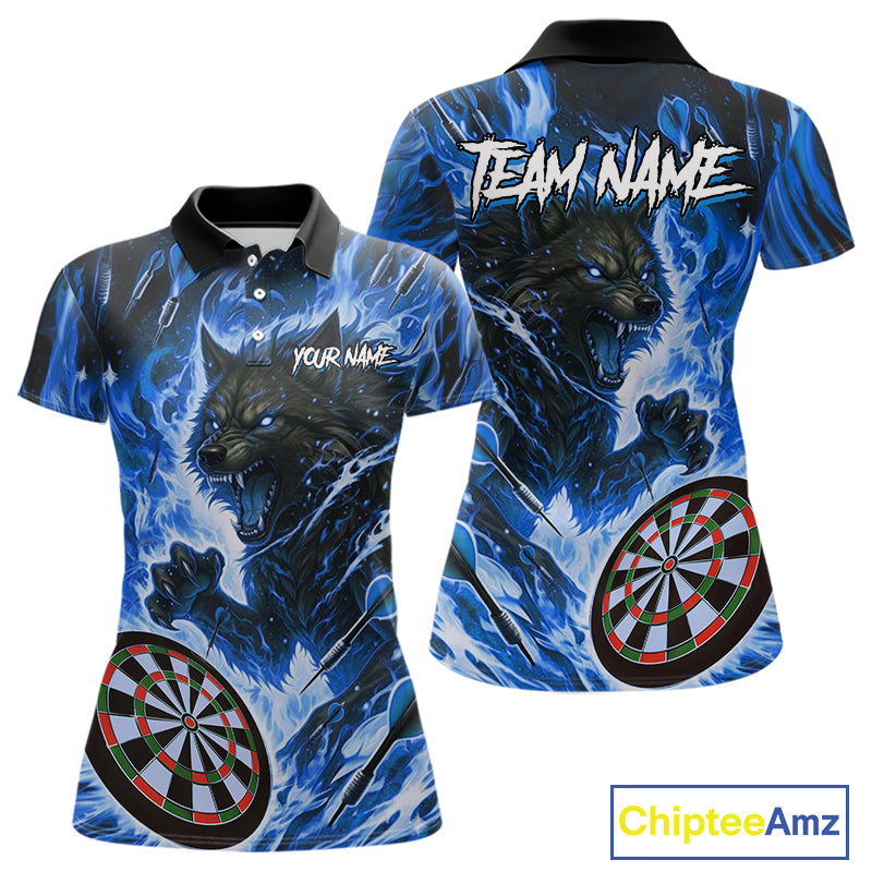 Blue Flaming Wolf Dartboard Jersey For Women Custom Darts League Team Shirt Polo & Quarter Zip TDM5023