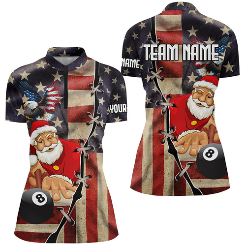 Funny Christmas Santa Playing Billiard Custom Us Flag Women Quarter-Zip Shirts For Patriot TDM0602