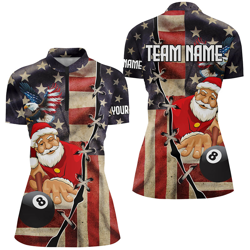 Funny Christmas Santa Playing Billiard Custom Us Flag Women Quarter-Zip Shirts For Patriot TDM0602