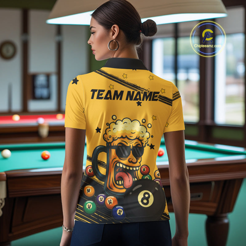 Personalized Yellow Black Funny Beer 8 Ball Billiard Shirt For Women Custom Pool Team Jersey TDM5236