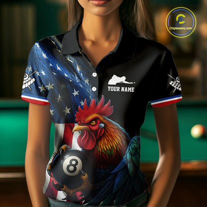 American Flag Rooster 8 Ball Women Billiard Polo & 1/4 Zip Custom Patriotic Team Billiard Jersey TDM5238