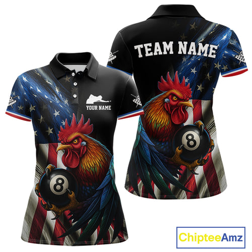 American Flag Rooster 8 Ball Women Billiard Polo & 1/4 Zip Custom Patriotic Team Billiard Jersey TDM5238