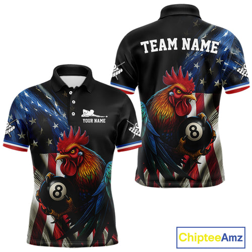 American Flag Rooster 8 Ball Men Billiard Polo & 1/4 Zip Custom Patriotic Team Billiard Jersey TDM5238