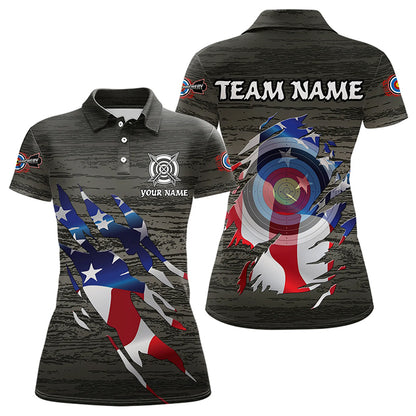 Personalized Grey Grunge USA Flag Archery Shirts For Women, American Patriotic Archery Team Jerseys TDM3243
