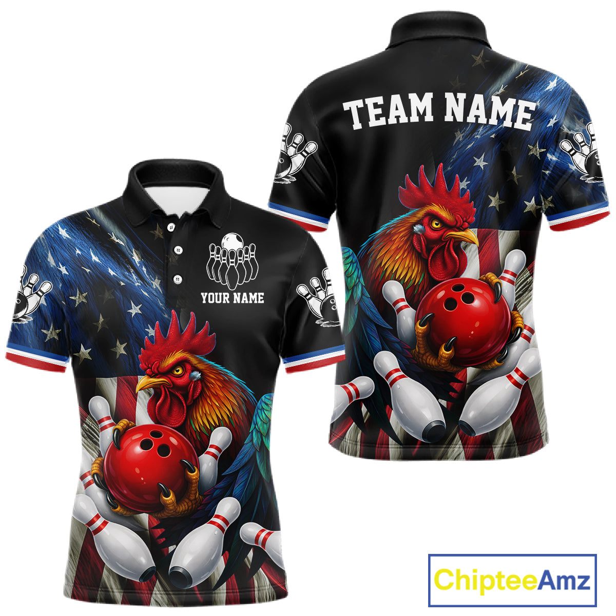 American Flag Rooster Bowling Jersey For Men Custom Patriotic Bowling Shirt Team Polo & 1/4 Zip TDM6119